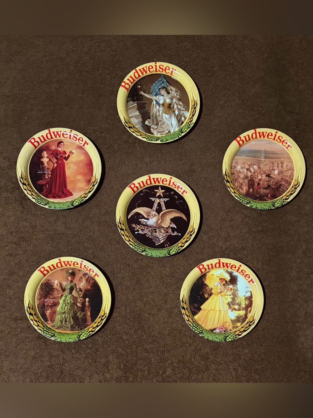 Vintage 1990’s Budweiser Set of 6 Metal Beverage Coasters Collectibles